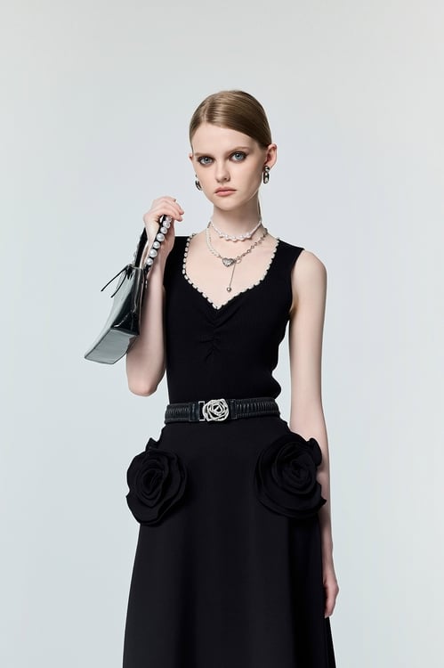 Heart Shape Pearl Detail Knit Vest,Black tops,black tops