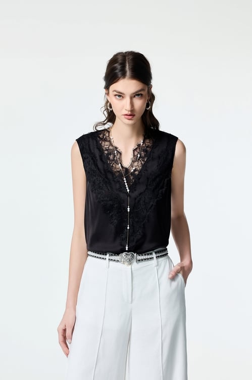 Lace Detail V-neck Vest,Black tops,black tops