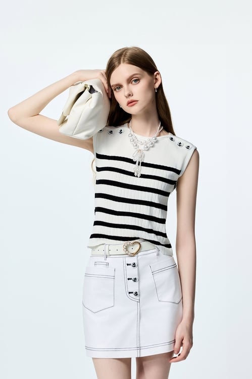 Navy Stripe Knit Vest,Knitted tops