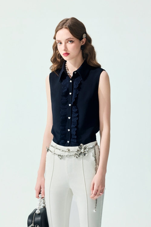 Ruffle Lace Detail Navy Vest,,Ruffle Lace Detail Navy Vest,Dresses,Season (SS) Look,Jackets,Embroidered,Outerwear,Season (SS) Look,White outerwear,Lace,Knitted,Knitted coats,Bell-bottoms,Season (SS) Look,Plaid,pants,sleeveless tops,Tops,Season (SS) Look,sleeveless tops,Lace