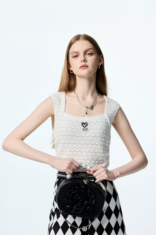 Stretchable Lace With Embroidery Heart Logo Vest,Lace