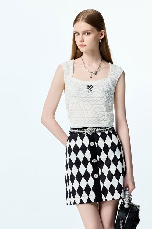 Stretchable Lace With Embroidery Heart Logo Vest,Lace