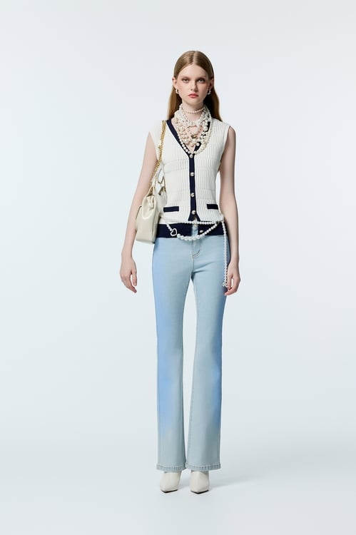 V-neck Navy Trim Knit Vest,Knitted tops