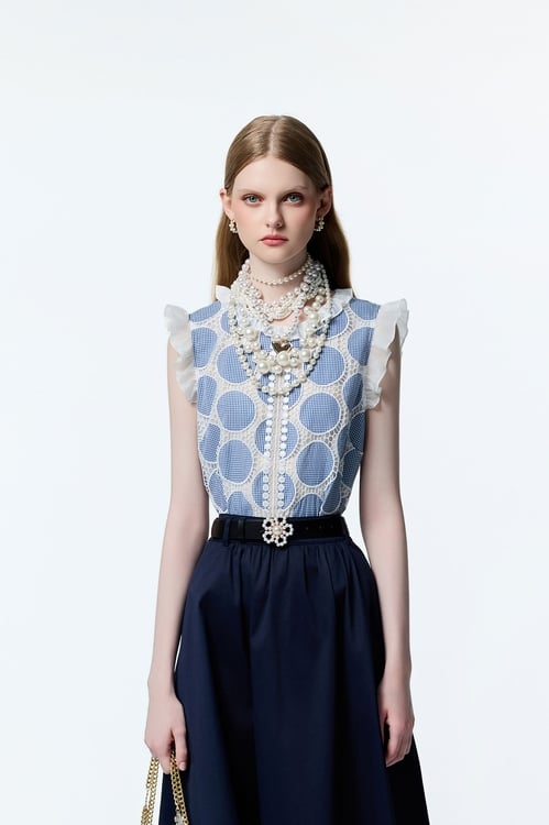 Polka Dot Embroidery Ruffle Trim Vest,Embroidered tops