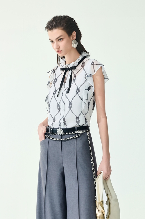 French Rope Graphic Print Ruffle Detail Vest,Chiffon