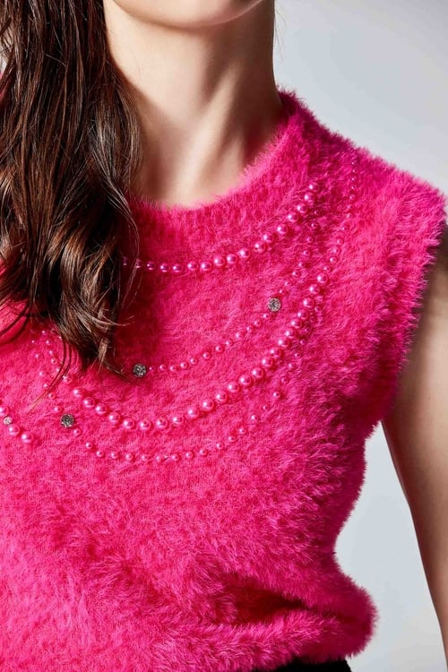 Faux Fur Pink Knit Vest,Knitted