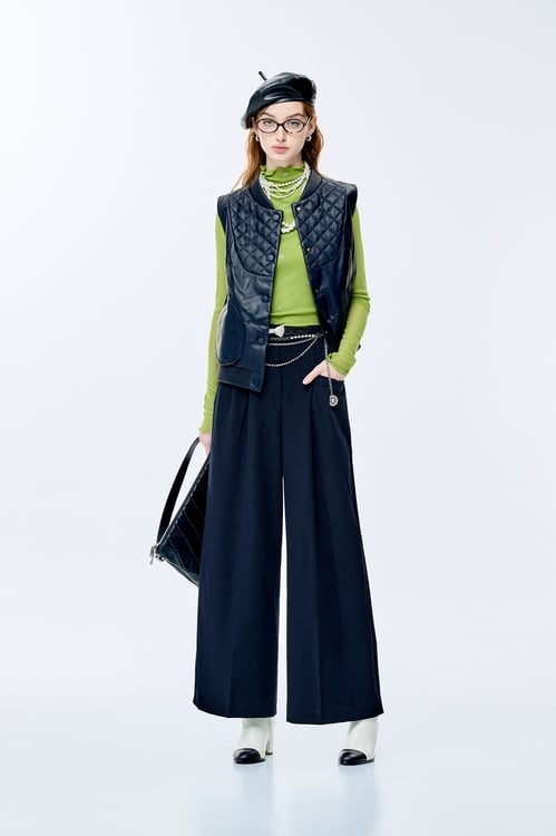 Front Button Navy Leather Vest,Outerwear