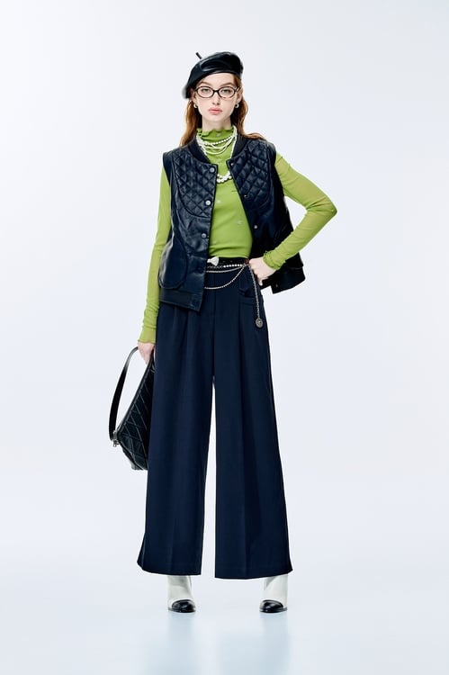 Front Button Navy Leather Vest,Outerwear