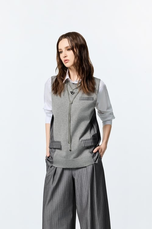 Grey Patchwork Detail Knit Vest,Knitted tops