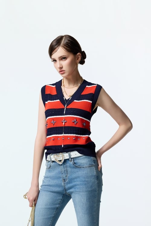 V-neck Contrast Colour Knit Vest,Knitted tops