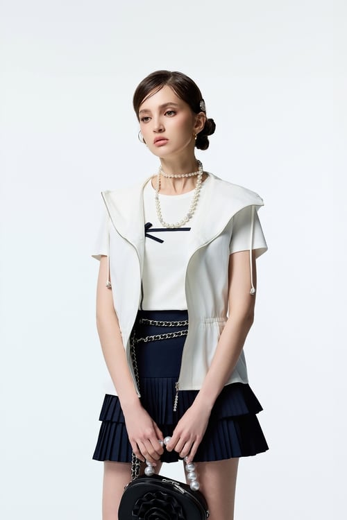 White Hoodie Front Zip Vest,Jackets