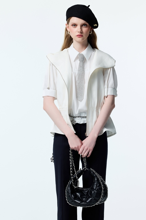 White Hoodie Front Zip Vest,Jackets