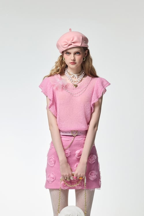 Ruffle Detail Pink Knit Vest,Necklaces