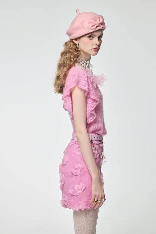 Ruffle Detail Pink Knit Vest,Necklaces