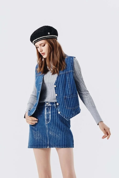 Metallic Sheen Dotted Denim Vest,Outerwear