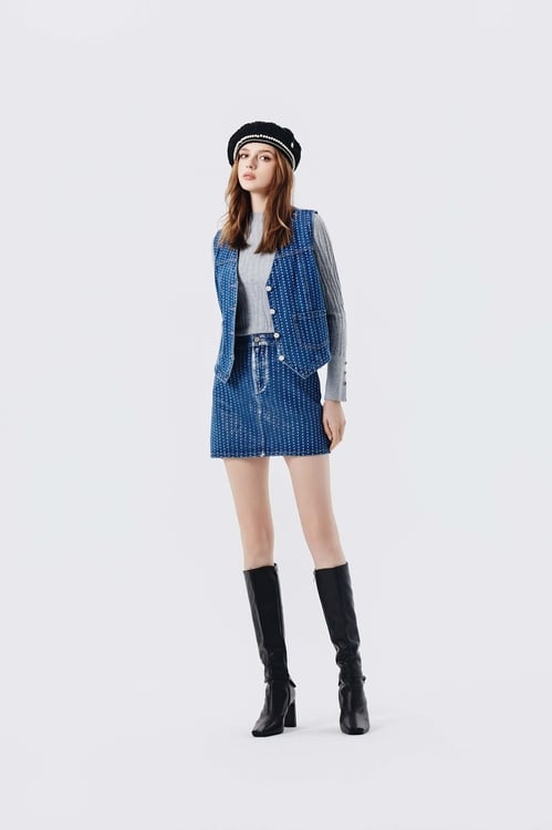 Metallic Sheen Dotted Denim Vest,Outerwear