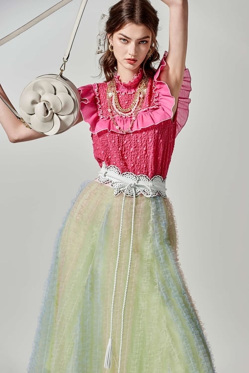 Dotted Pink Vest With Ruffle Detail,sleeveless tops,sleeveless tops,Sleeveless tops,sleeveless tops