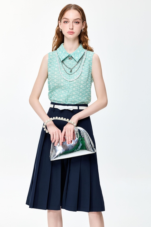 Mint Green Floral Embroidery Detail Vest,Embroidered tops