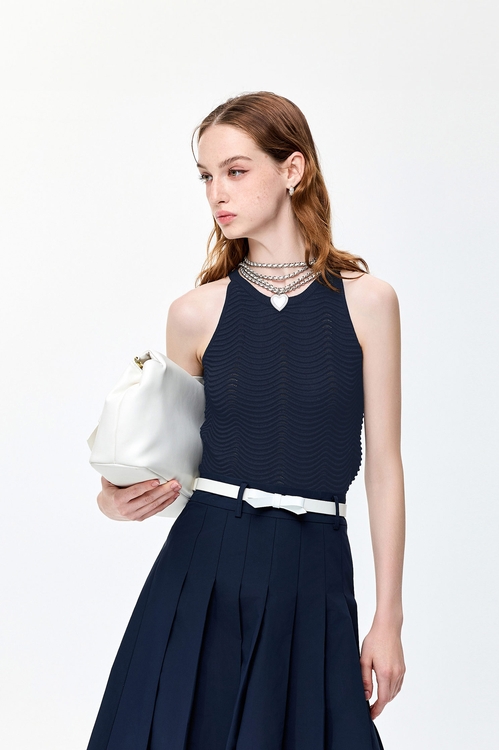 Navy Ripple Cut Knit Vest,Knitted tops