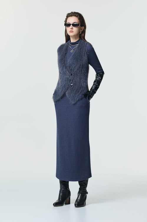 V-neck Faux Fur Blue Vest,Outerwear