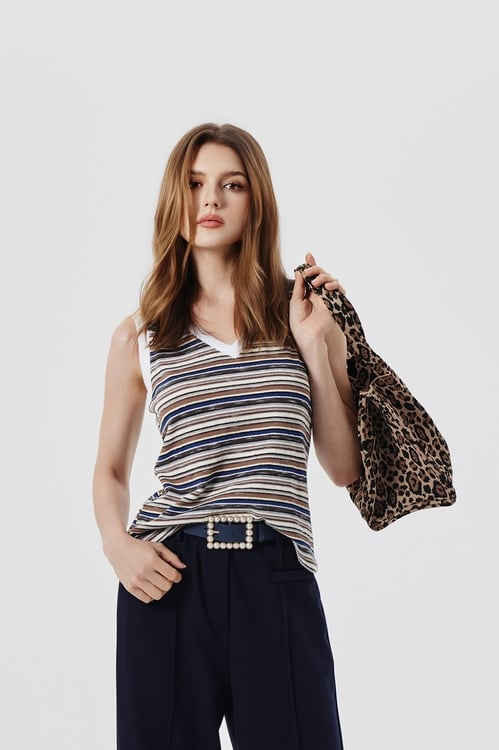 Caramel Navy Stripe Contrast V-neck Vest,Stripe