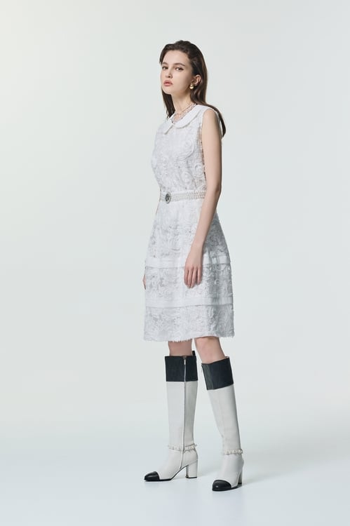 Peter Pan Collar 3-D Floral Mesh Vest,White tops,White tops