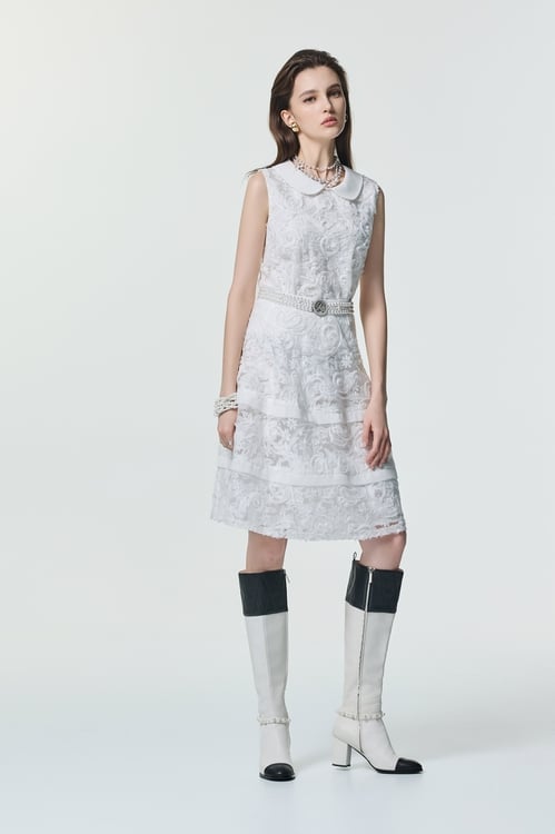 Peter Pan Collar 3-D Floral Mesh Vest,White tops,White tops