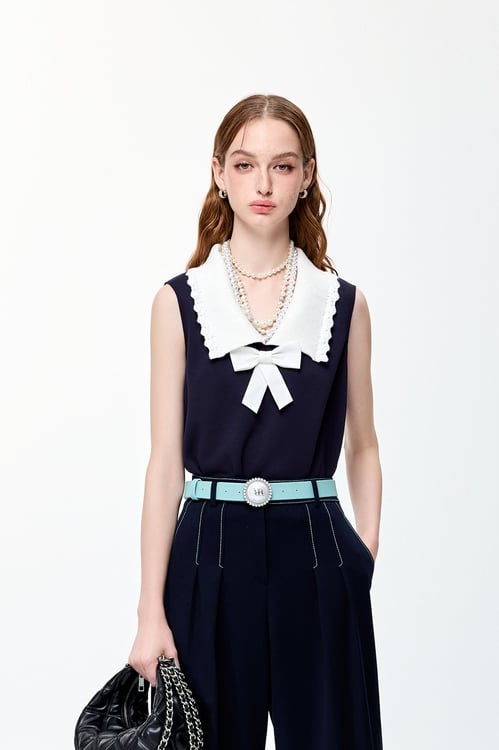 Contrast Collar Navy Vest,Urban Fashion