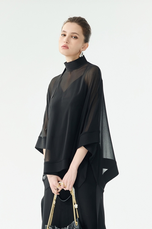 Kimono Sleeve Black Chiffon Top,,Kimono Sleeve Black Chiffon Top,Season (SS) Look,pearl,Midi skirts,Tops,Under shirts,Season (SS) Look,Knitted,Chiffon,black tops