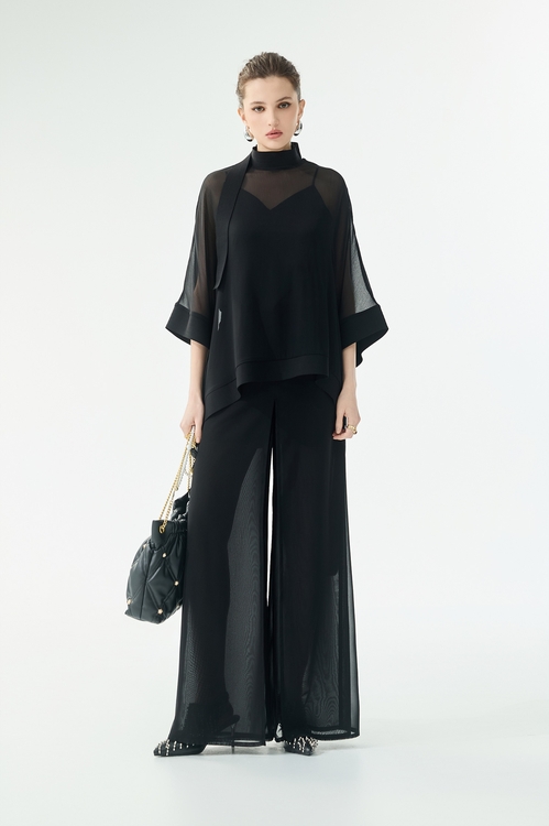 Kimono Sleeve Black Chiffon Top,,Kimono Sleeve Black Chiffon Top,Season (SS) Look,pearl,Midi skirts,Tops,Under shirts,Season (SS) Look,Knitted,Chiffon,black tops