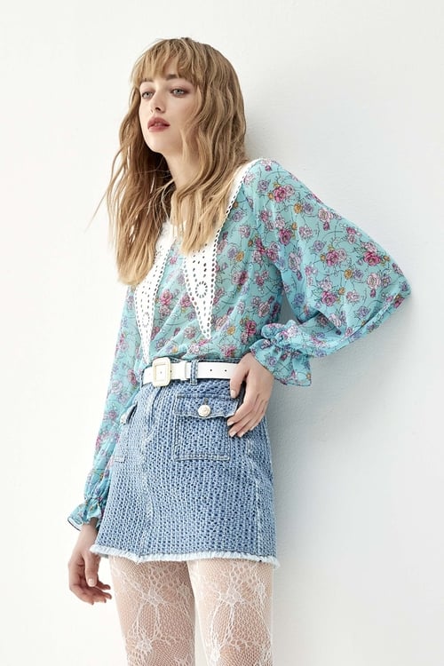 Floral Print Top With Contrast Lace Collar,Chiffon