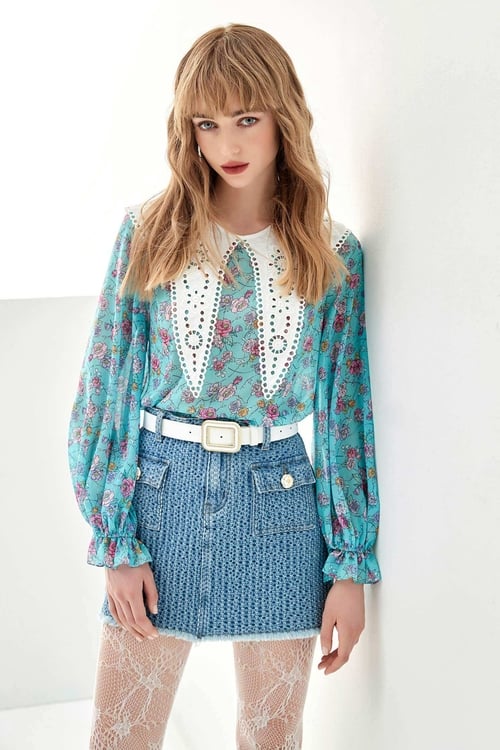 Floral Print Top With Contrast Lace Collar,Chiffon