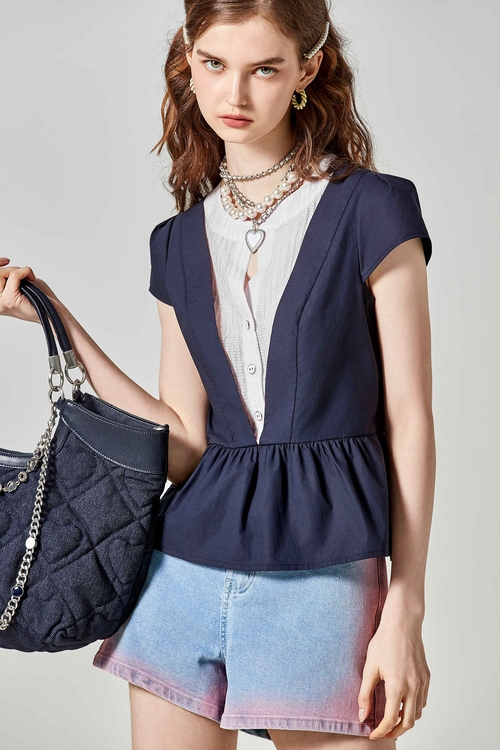Short Sleeve Fake Two Piece Peplum Top,Blouses