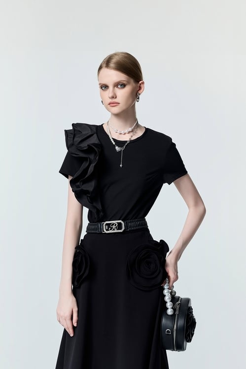Ruffle Taffeta Black Tee,Black tops,black tops