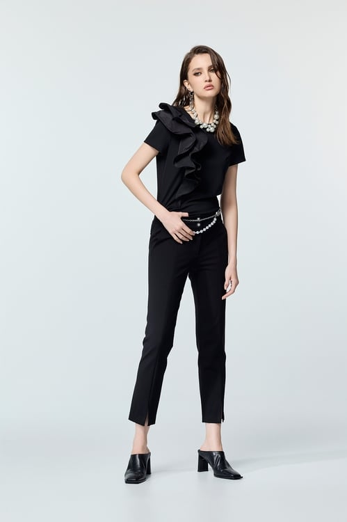 Ruffle Taffeta Black Tee,Black tops,black tops