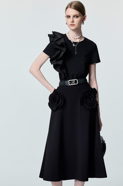 Ruffle Taffeta Black Tee,Black tops,black tops