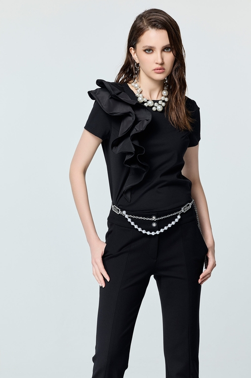 Ruffle Taffeta Black Tee,Black tops,black tops