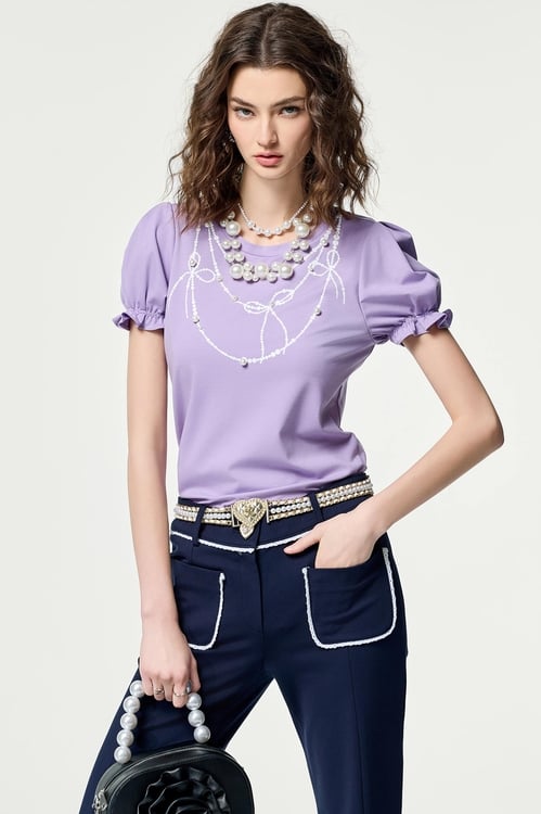 Printed Graphic Pearl Detail Tee,Necklaces