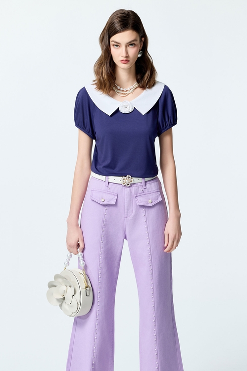 Contrast Collar Short Sleeve Top,V-Neck T shirts