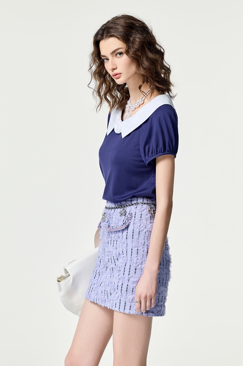 Contrast Collar Short Sleeve Top,V-Neck T shirts