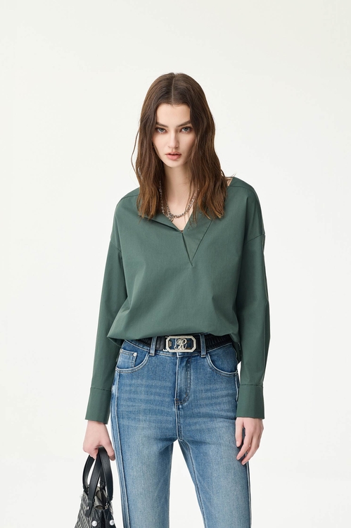 V-neck Solid Green Blouse,Urban Fashion
