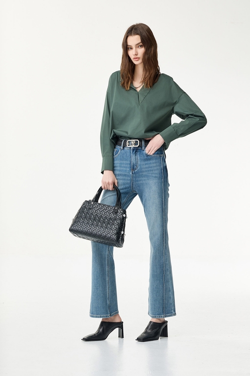 V-neck Solid Green Blouse,Urban Fashion