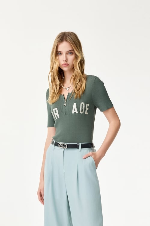 Embroidered Slogan Knit Top,Short sleeve tops