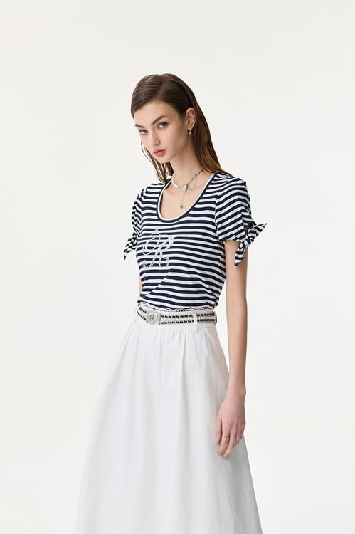 Navy Stripe R Logo Tee,U-Neck T shirts