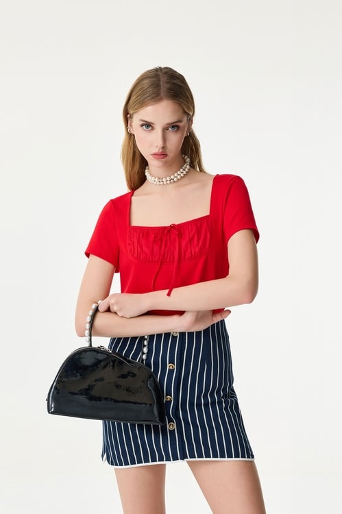 Front Pleat Detail Short Sleeve Tee,U-Neck T shirts