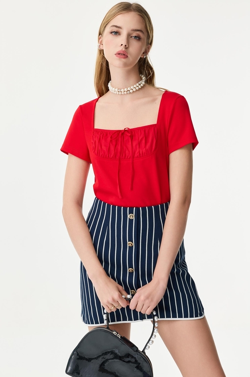 Front Pleat Detail Short Sleeve Tee,U-Neck T shirts