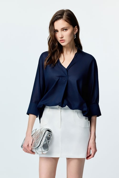 V-neck Loose Fit Navy Top,3/4 Sleeve tops