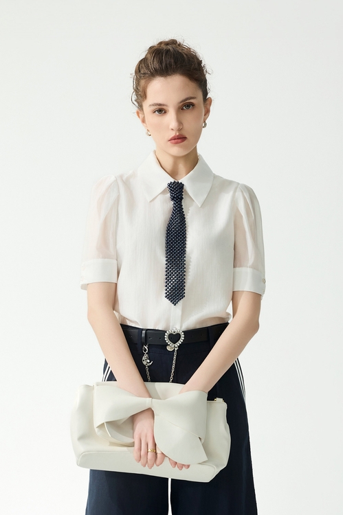 Pearl Tie Short Sleeve Blouse,White tops,White tops