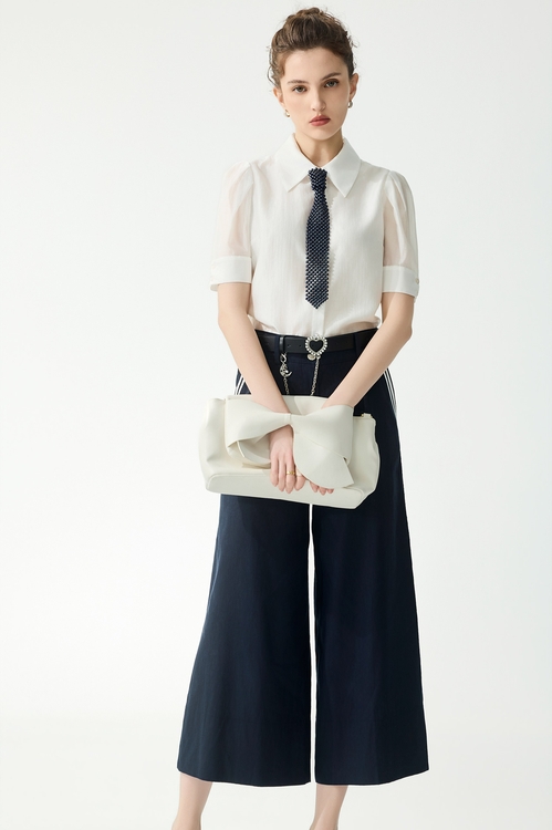 Pearl Tie Short Sleeve Blouse,White tops,White tops