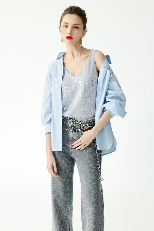 Patch Pockets Button Front Blouse,,Patch Pockets Button Front Blouse,Tops,Embroidered,Season (SS) Look,Blouses